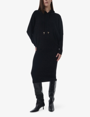 Leem Womens  Hooded Ribbed Knitted Midi Dress In Black