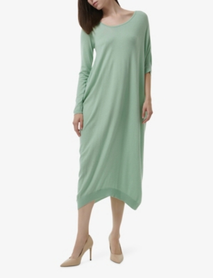 LEEM: Asymmetric Neck Stretch-Knit Maxi Dress