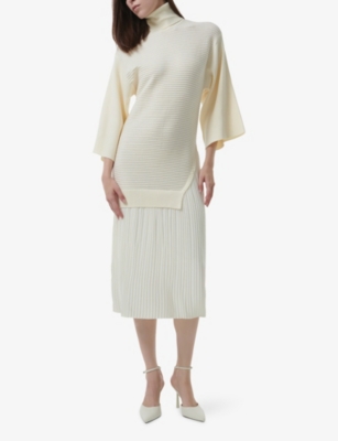 LEEM: High-Neck Ribbed Chiffon-Hem Midi Dress