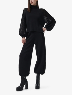 Leem Womens Black Mesh-panel Relaxed-fit Knitted Trousers In Black