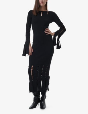 LEEM: Metal-Embellished Fringed Ribbed-Knit Midi Dress