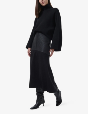 Leem Womens Black Layered Faux-leather Panel Maxi Skirt In Black