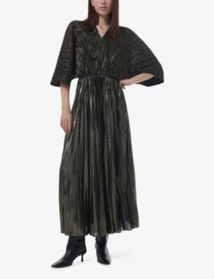 Leem Womens Gold Long-sleeve Plissé Maxi Dress In Black