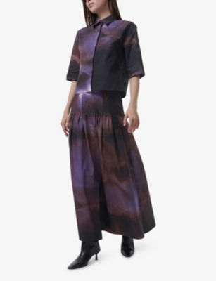 Leem Womens Purple Printed Short-sleeve Boxy Cotton Shirt In Purple