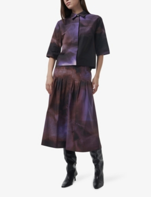 LEEM: Printed Belted Cotton Midi Skirt