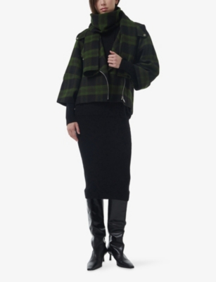 Leem Womens  Check-pattern Detachable-scarf Biker Jacket In Green