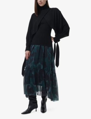 LEEM: Printed Metallic-Yarn Woven Midi Skirt