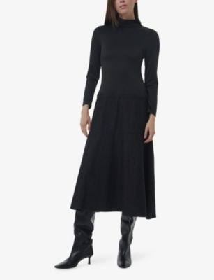 LEEM: Textured-Sleeve High-Neck Stretch Cotton-Blend Midi Dresss