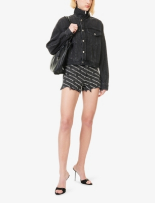 Alexander Wang Omens Grey Aged White Logo-print Bite Denim Shorts In Black