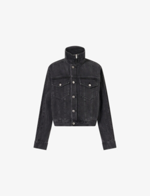 Alexander Wang Omens Grey Aged Embossed-logo High-neck Denim Track Jacket In Animal Print