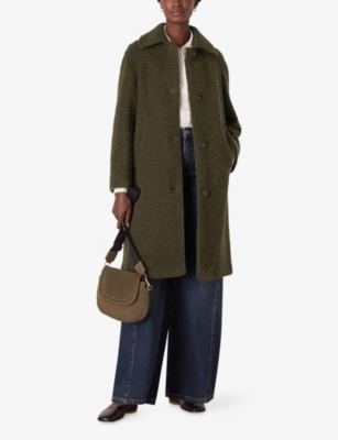 Whistles Womens Khaki/olive Romy Bouclé-texture Wool Coat In Animal Print