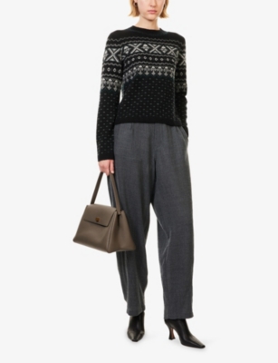 Vince Womens Black/off White Combo Fair Isle Round-neck Cashmere Jumper In Black