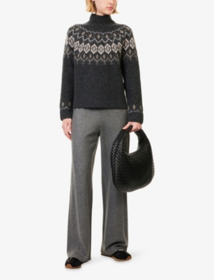 Vince Womens H Charcoal Combo Fair Isle High-neck Cashmere Jumper In Gray