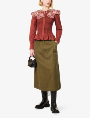 DAMSON MADDER: Fern Embroidered-Collar Shirred Cotton Blouse