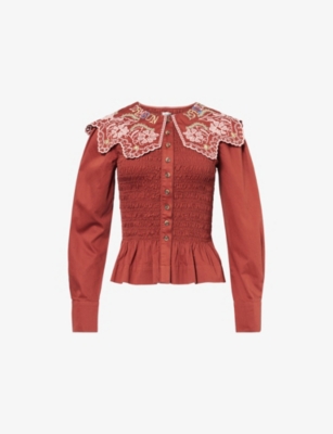 DAMSON MADDER: Fern Embroidered-Collar Shirred Cotton Blouse