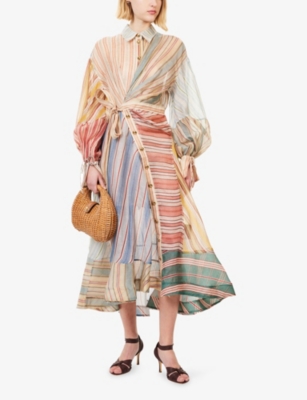 Zimmermann Womens Spliced Stripes Striped Wrap Linen-and-silk Midi Dress