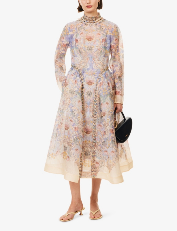 Rebellion Beaded Linen And Silk Midi Dress