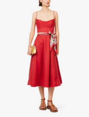 Zimmermann Womens Red Rebellion Tuck Shoulder-straps Linen Midi Dress Xs In Red