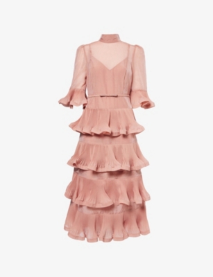 Zimmermann Womens  Ruffle Quarter-sleeve Woven Midi Dress In Pink