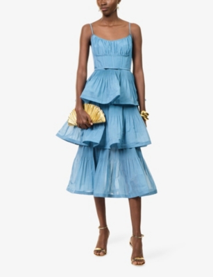 Zimmermann Womens Tiered Woven Midi Dress Deep Blue Xs In Blue