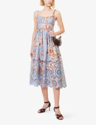 Zimmermann Womens Chambray Floral Awaken Picnic Floral Linen Midi Dress Xxs In Blue
