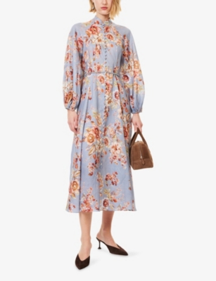 Zimmermann Womens Chambray Floral Billow Long-sleeve Linen Maxi Dress Xxs In Blue