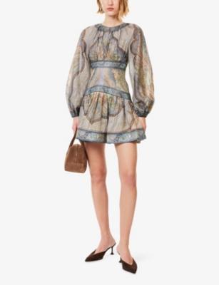 Zimmermann Womens Tapestry Blue Multi Wander Cotton-blend Mini Dress In Brown
