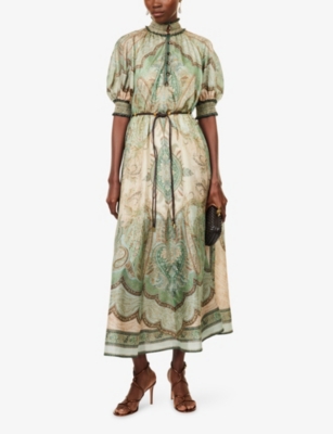 Zimmermann Womens Wanderlust Billow Puffed-short-sleeves Silk Midi Dress Tapestry Teal Multi In Green