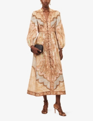 Zimmermann Womens Wanderlust Plunge Linen Midi Dress Tapestry Multi In Multi