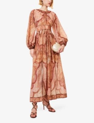 Zimmermann Womens  Floral Metallic-thread Long-sleeve Woven Midi Dress In Brown