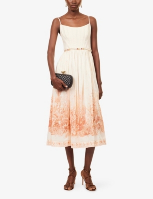 Zimmermann Womens Wanderlust Corset Cotton-poplin Midi Dress Coral Toile Xxs In Neutral