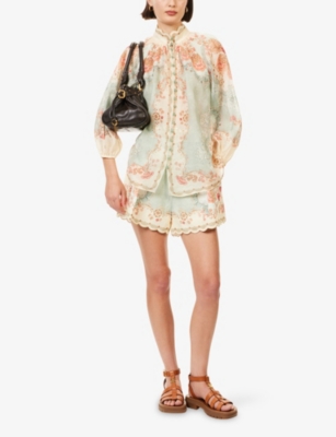 Zimmermann Womens Wallpaper Floral Mint Daylight Tuck Belted Linen Shorts