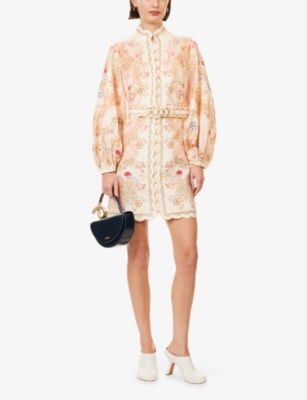 Zimmermann Womens Wallpaper Floral Blush Daylight Belted Linen Mini Dress In Multi