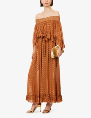 Zimmermann Womens Copper Daylight Off-shoulder Woven Maxi Dress In Brown