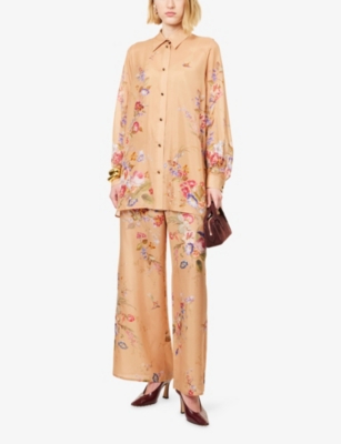 Zimmermann Womens Tan Floral Patience Relaxed Silk Shirt In Orange