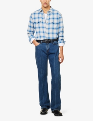 Austin Post Mens  Western Plaid Cotton-wool Blend Shirt In Blue