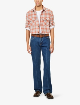 Austin Post Mens  Plaid-checked Western Flannel Shirt In Orange