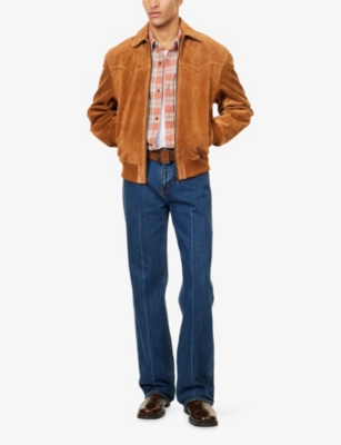 Austin Post Mens Caramel Classic-collar Ribbed-trims Suede Bomber Jacket In Brown