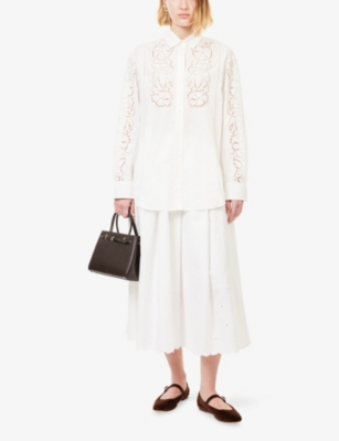 Weekend Max Mara Omens White Pio Embroidered Cotton And Linen Midi Skirt In White