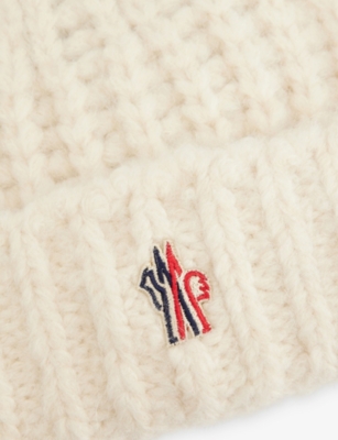 Moncler Womens Natural Logo-patch Cable Knit Beanie Hat In Gray
