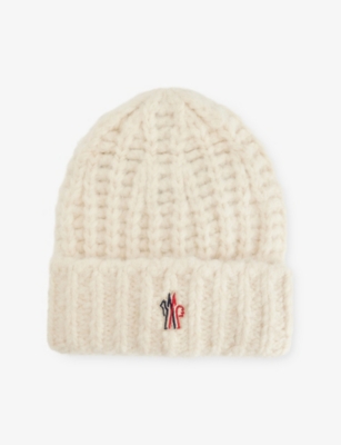 Moncler Womens Natural Logo-patch Cable Knit Beanie Hat In Gray