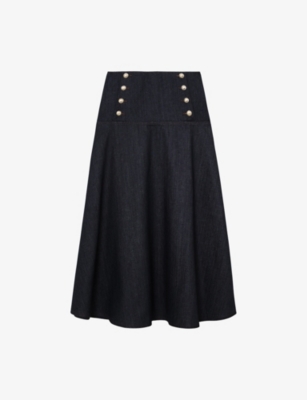 Reiss Womens Dark Blue Skylar Button-embellished Denim Midi Skirt In Black