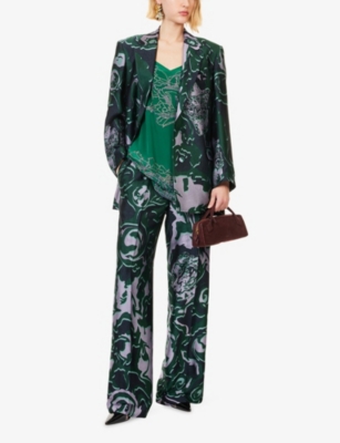 Dries Van Noten Bastis Abstract Floral Jacquard Pleated Crepe Straight Leg Pants In Green