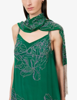Dries Van Noten Womens  Beaded Fringed Silk Scarf In Green