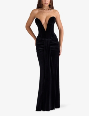 HOUSE OF CB: Vienne Plunge-Neck Stretch-Velvet Maxi Dress
