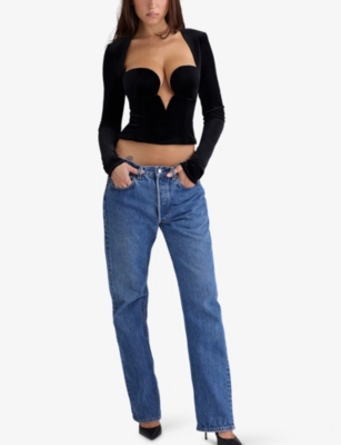 HOUSE OF CB: Sierra Long-Sleeve Velvet-Jersey Corset Top
