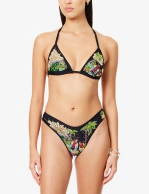 Oceanus Womens  Charli Embellished Tropical Bikini Set In Black