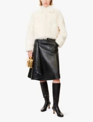 Bottega Veneta Womens Black Navy Panels Flared Leather Midi Skirt In Black