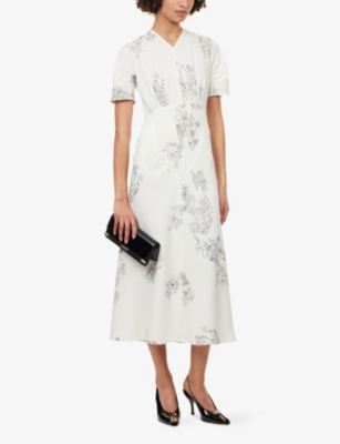 Victoria Beckham Womens Off White Black Gathered Floral-print Woven Midi Dress In Multi