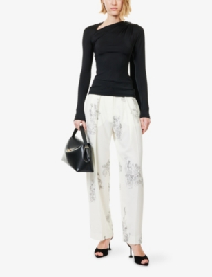 Victoria Beckham Womens Off White Black Floral Wide-leg Stretch-woven Trousers In White